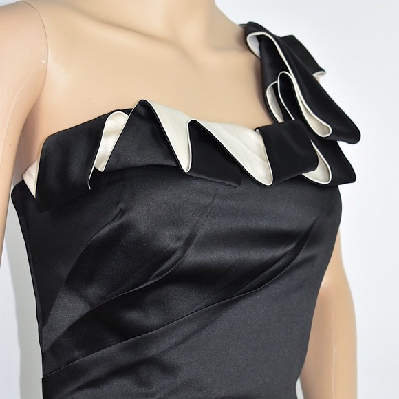 Max and Cleo Ruffle One Shoulder Cocktail Dress Black / Cream Size Small - Picture 4 of 11